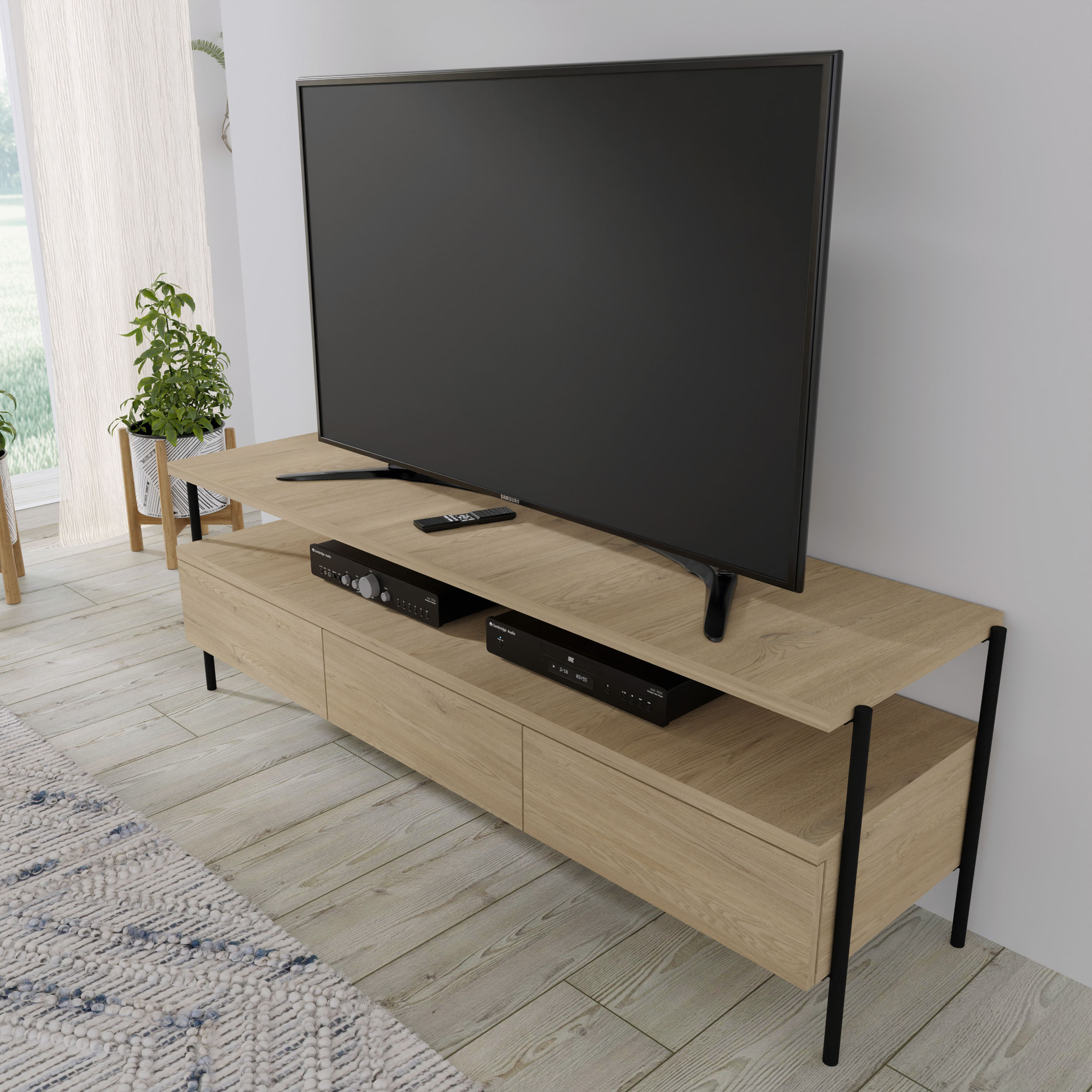 Szafka RTV DRAGONFLY 150 cm 3S dąb cremona / nóżki czarne matalowe szuflady - obrazek 4