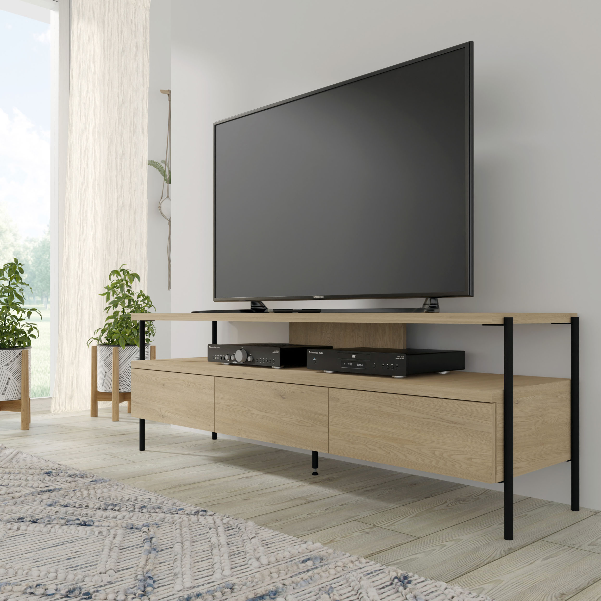 Szafka RTV DRAGONFLY 150 cm 3S dąb cremona / nóżki czarne matalowe szuflady - obrazek 3