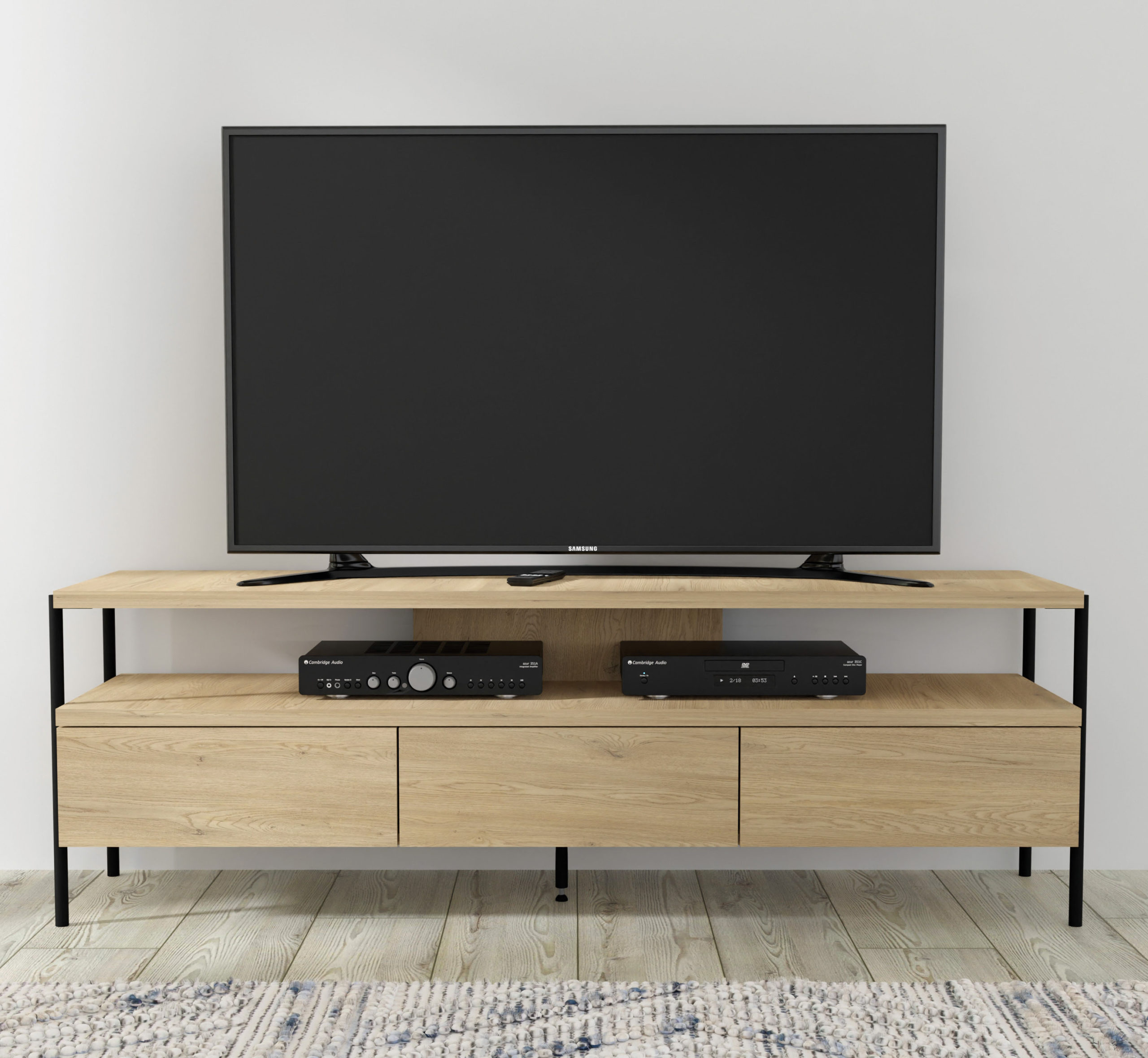 Szafka RTV DRAGONFLY 150 cm 3S dąb cremona / nóżki czarne matalowe szuflady - obrazek 2