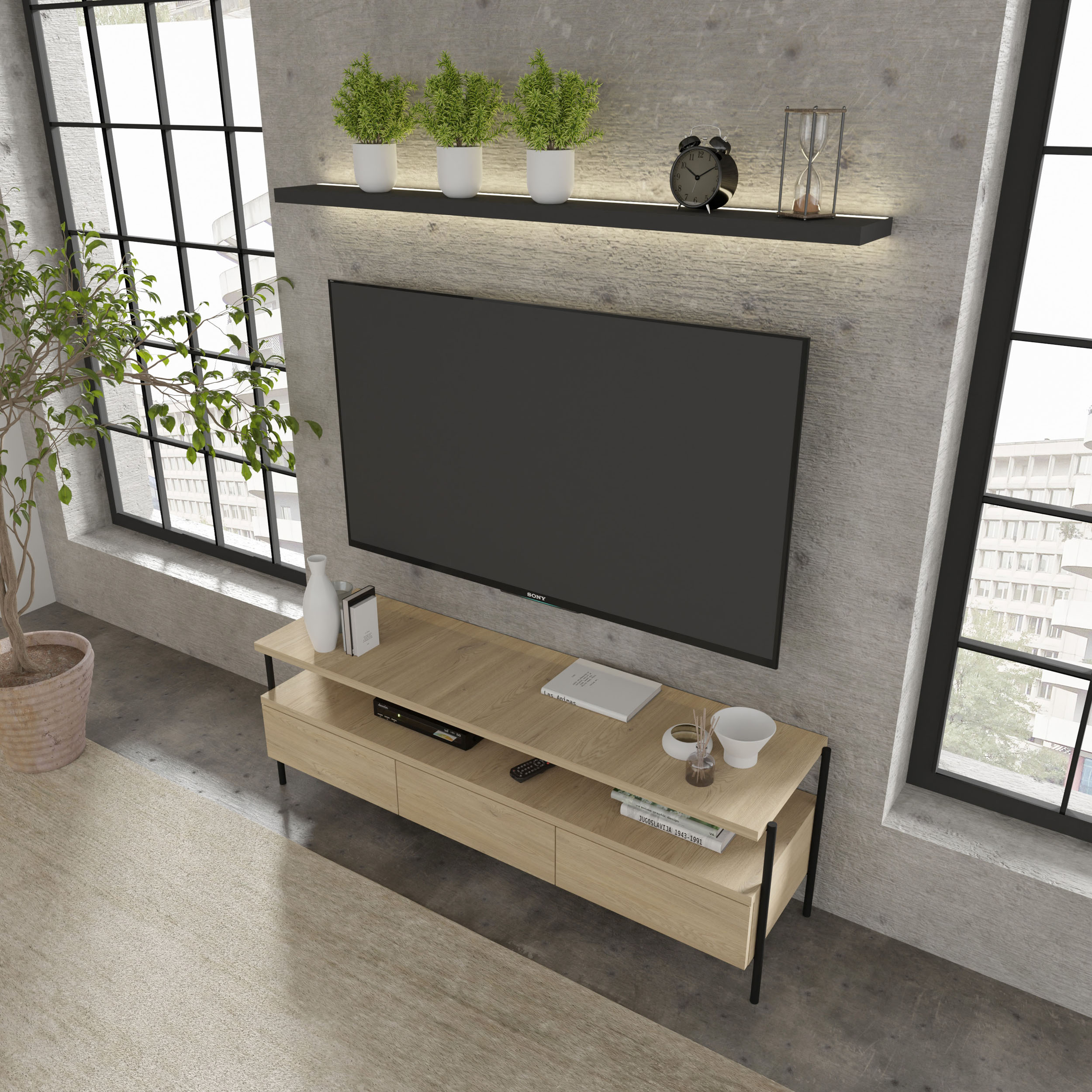 Szafka RTV DRAGONFLY 150 cm 3S dąb cremona / nóżki czarne matalowe szuflady - obrazek 5