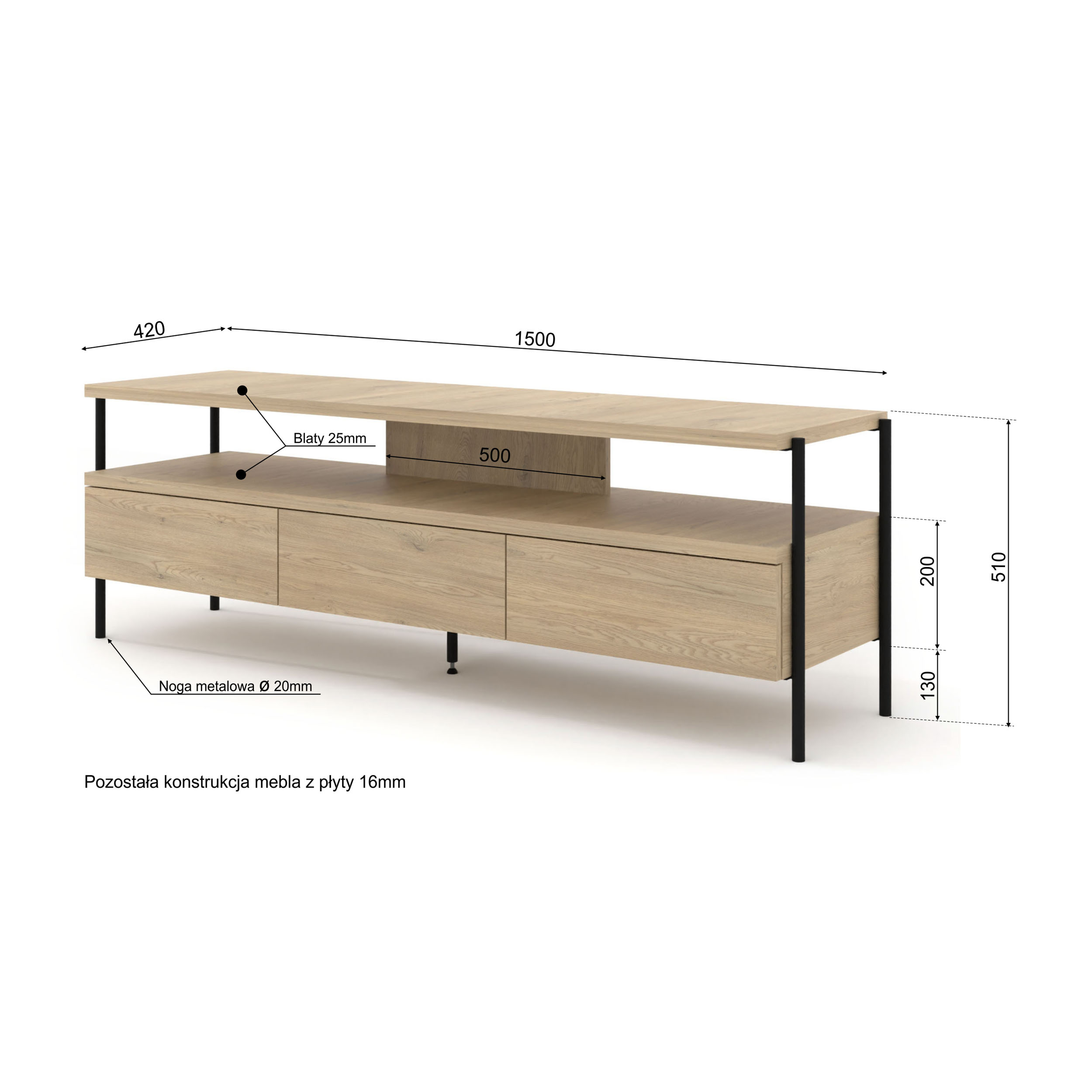 Szafka RTV DRAGONFLY 150 cm 3S dąb cremona / nóżki czarne matalowe szuflady - obrazek 7