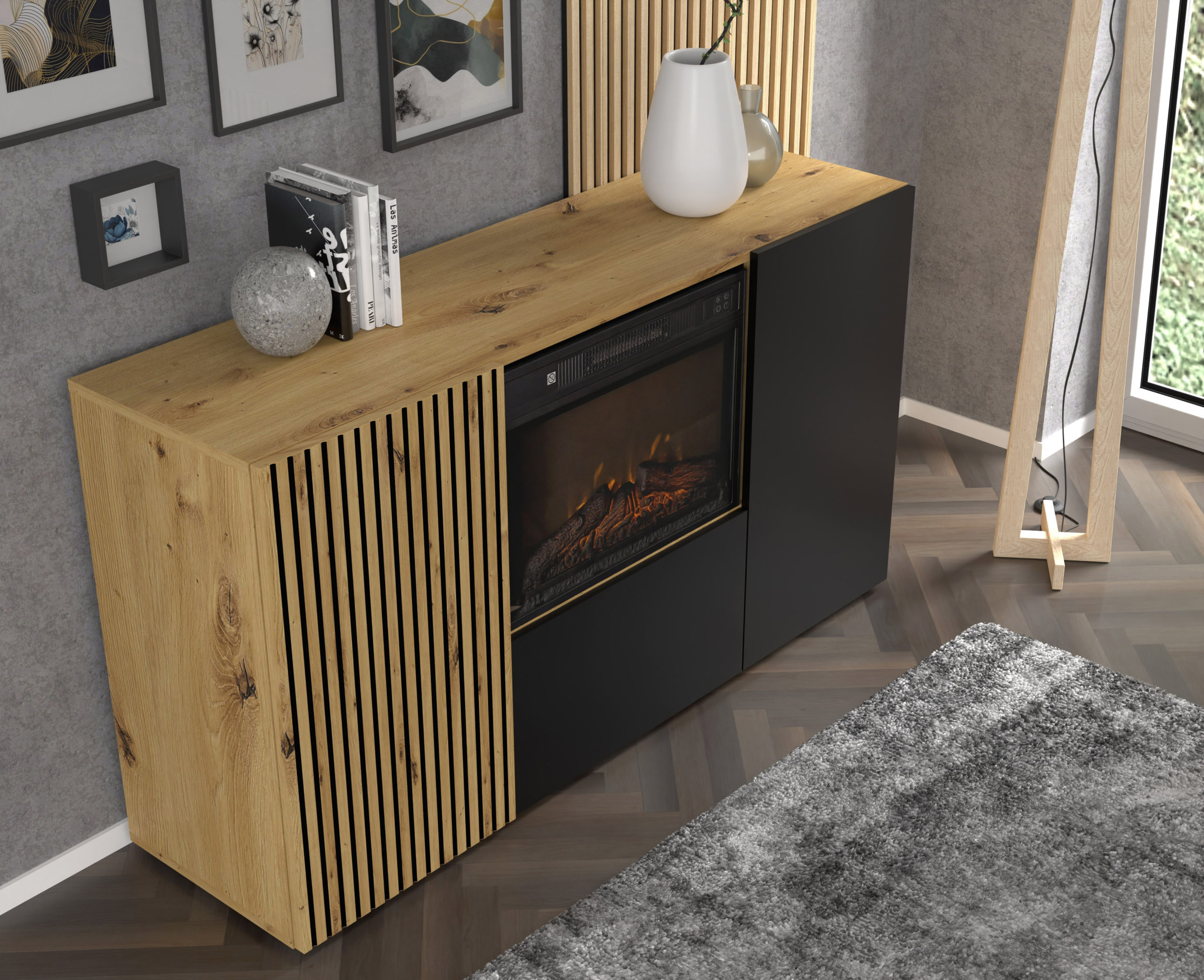 Komoda AURIS 3D 150 cm z kominkiem elektrycznym dąb artisan / czarny mat - obrazek 7