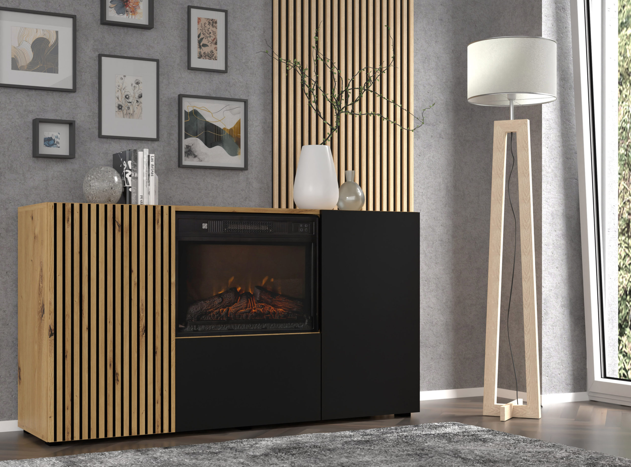 Komoda AURIS 3D 150 cm z kominkiem elektrycznym dąb artisan / czarny mat - obrazek 6