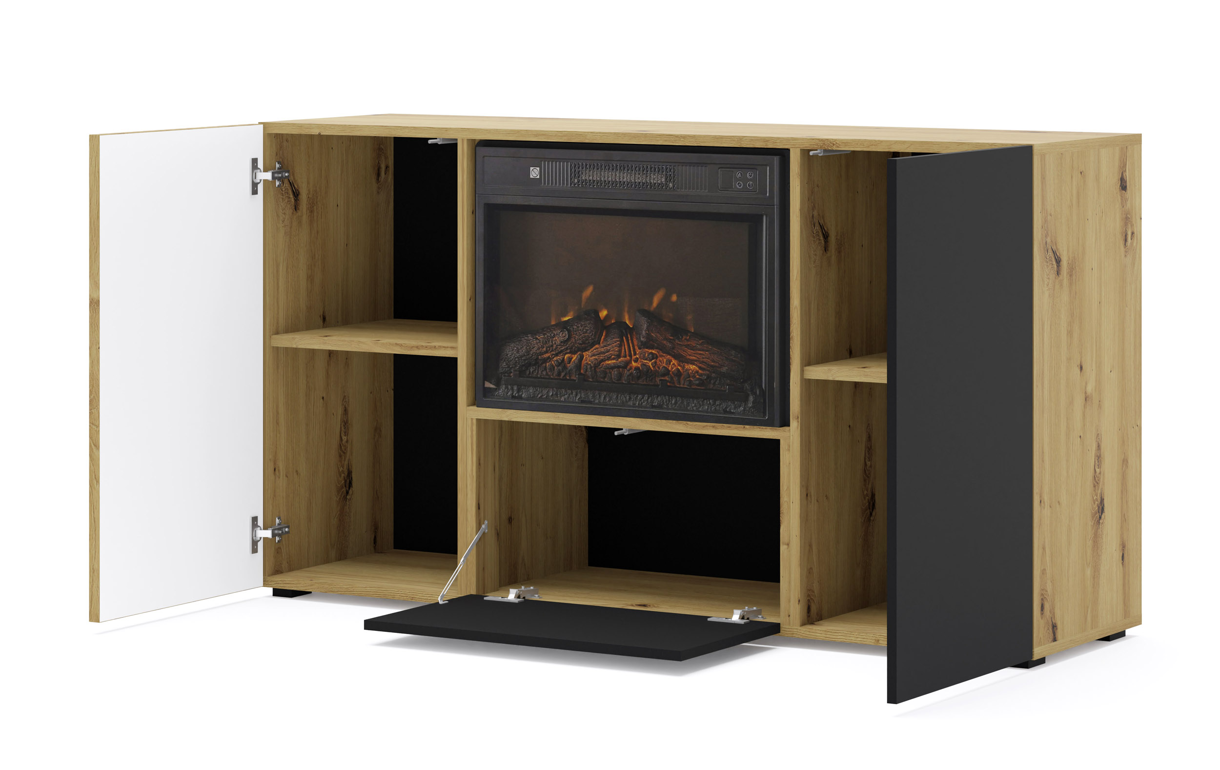 Komoda AURIS 3D 150 cm z kominkiem elektrycznym dąb artisan / czarny mat - obrazek 4