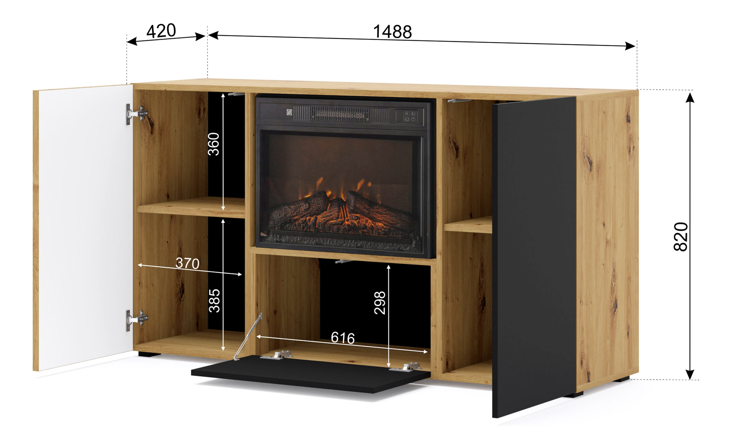 Komoda AURIS 3D 150 cm z kominkiem elektrycznym dąb artisan / czarny mat - obrazek 3