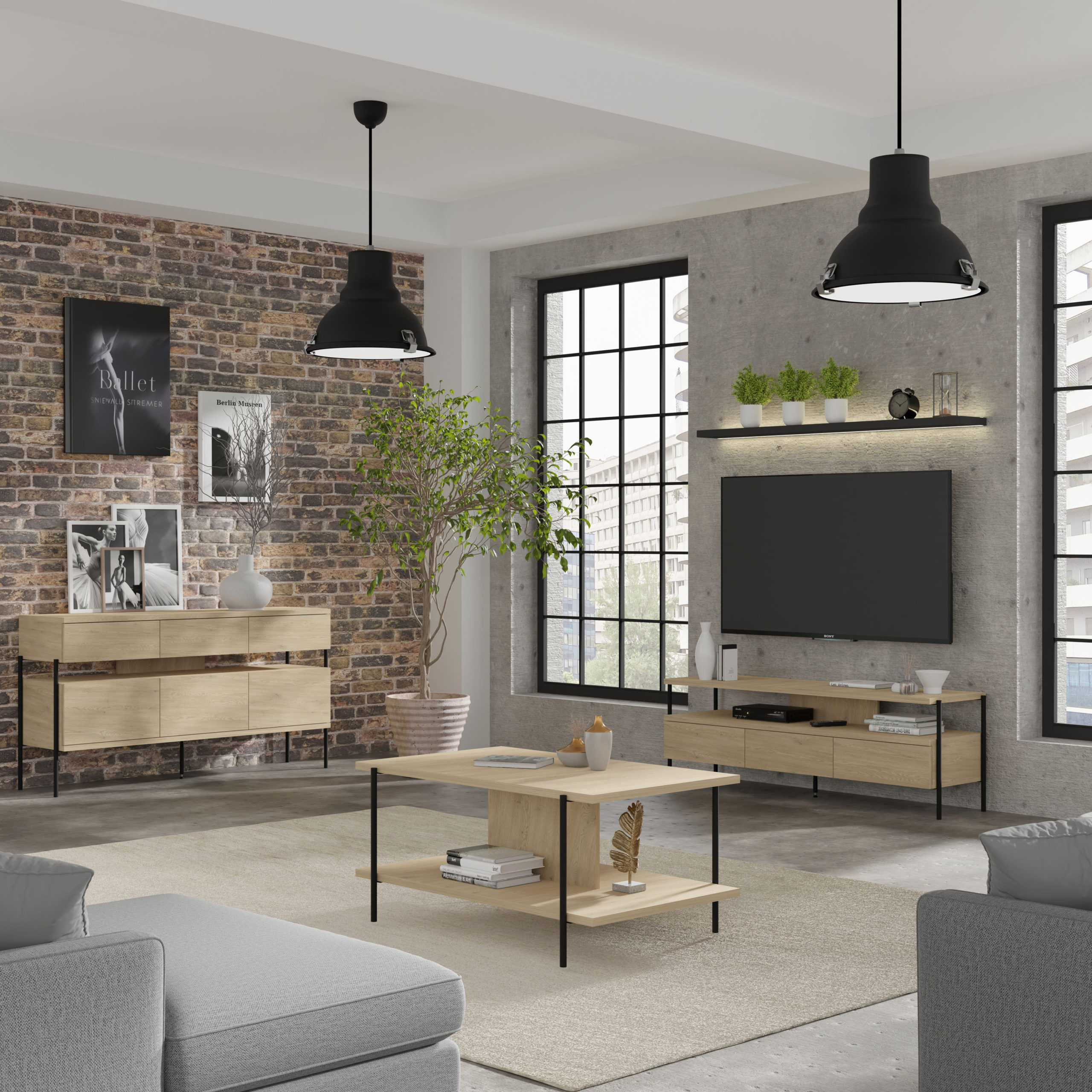 Szafka RTV DRAGONFLY 150 cm 3S dąb cremona / nóżki czarne matalowe szuflady - obrazek 9