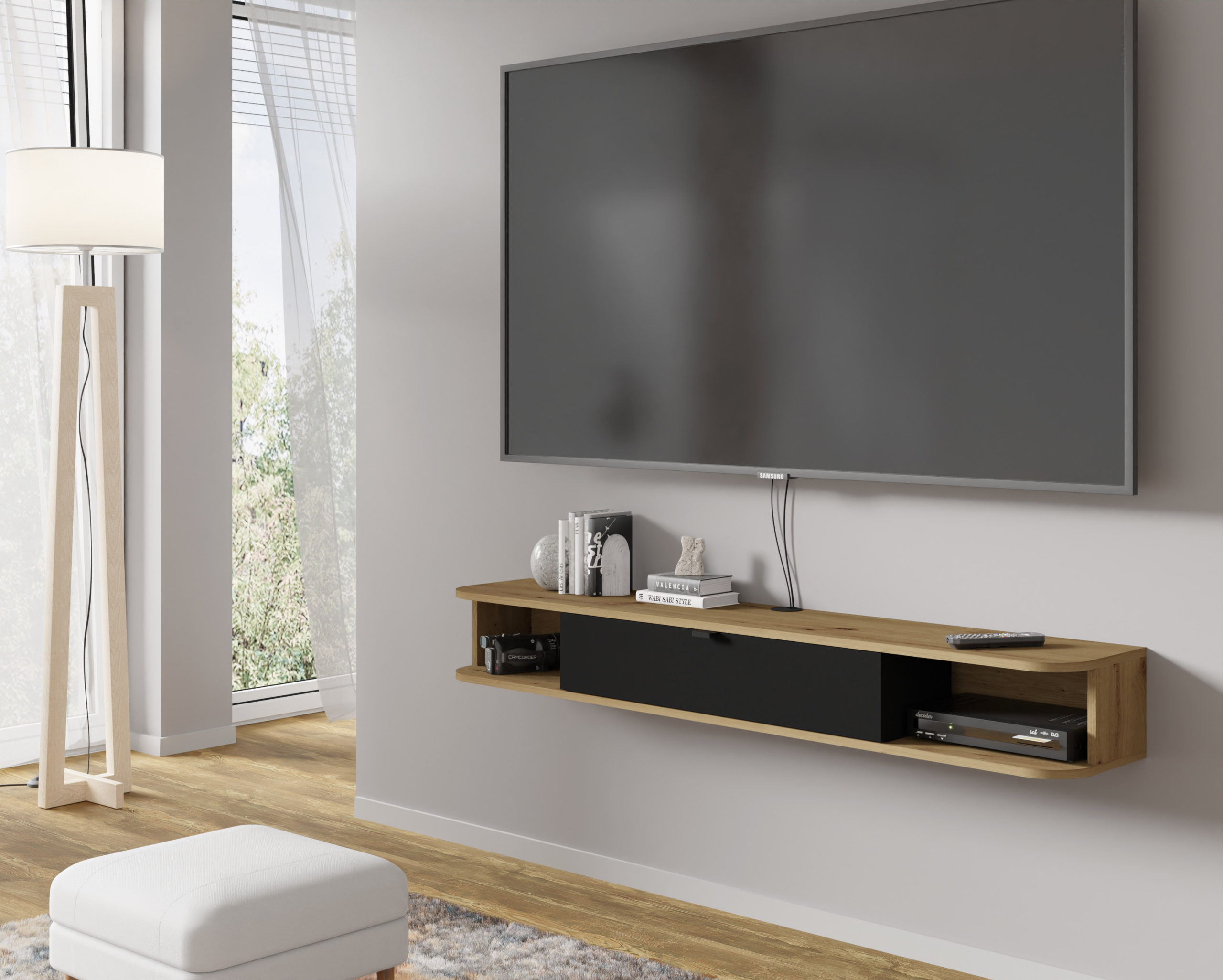 Szafka RTV ICARUS 156 pod telewizor wisząca obła dąb artisan / czarny mat - obrazek 2