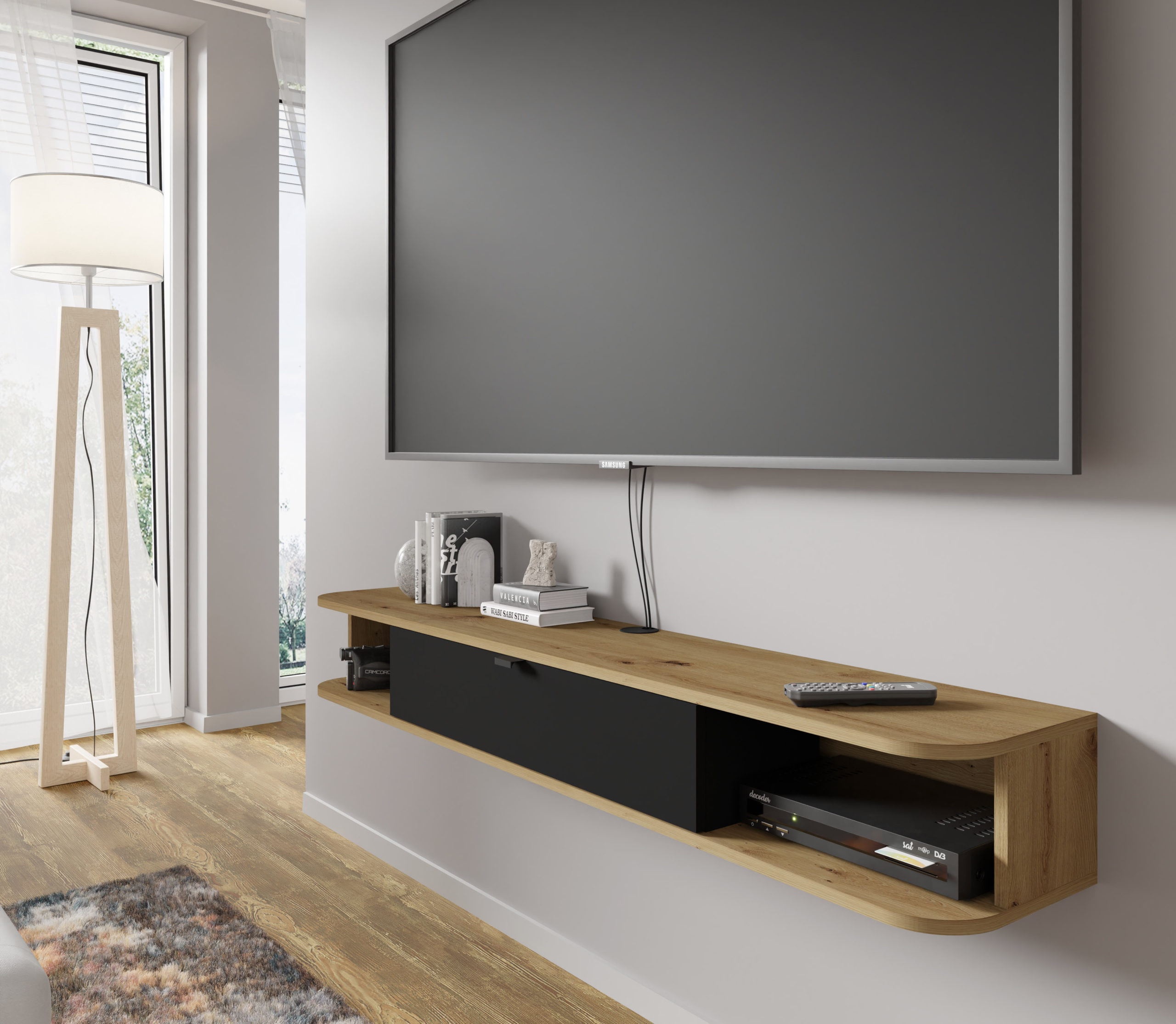 Szafka RTV ICARUS 156 pod telewizor wisząca obła dąb artisan / czarny mat - obrazek 5