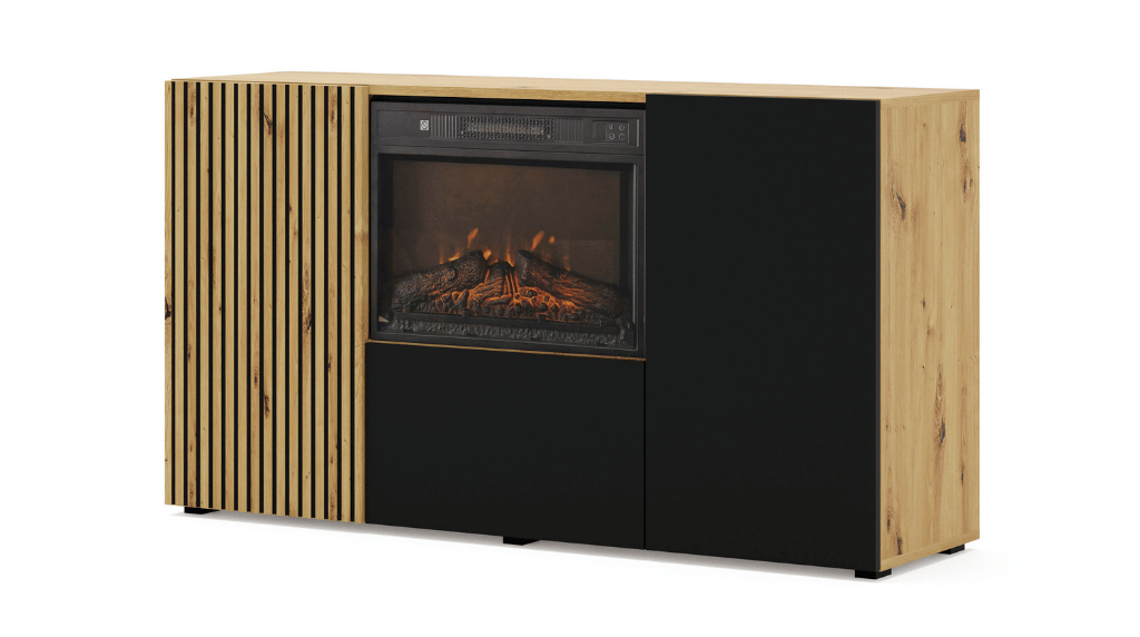 Komoda AURIS 3D 150 cm z kominkiem elektrycznym dąb artisan czarny mat