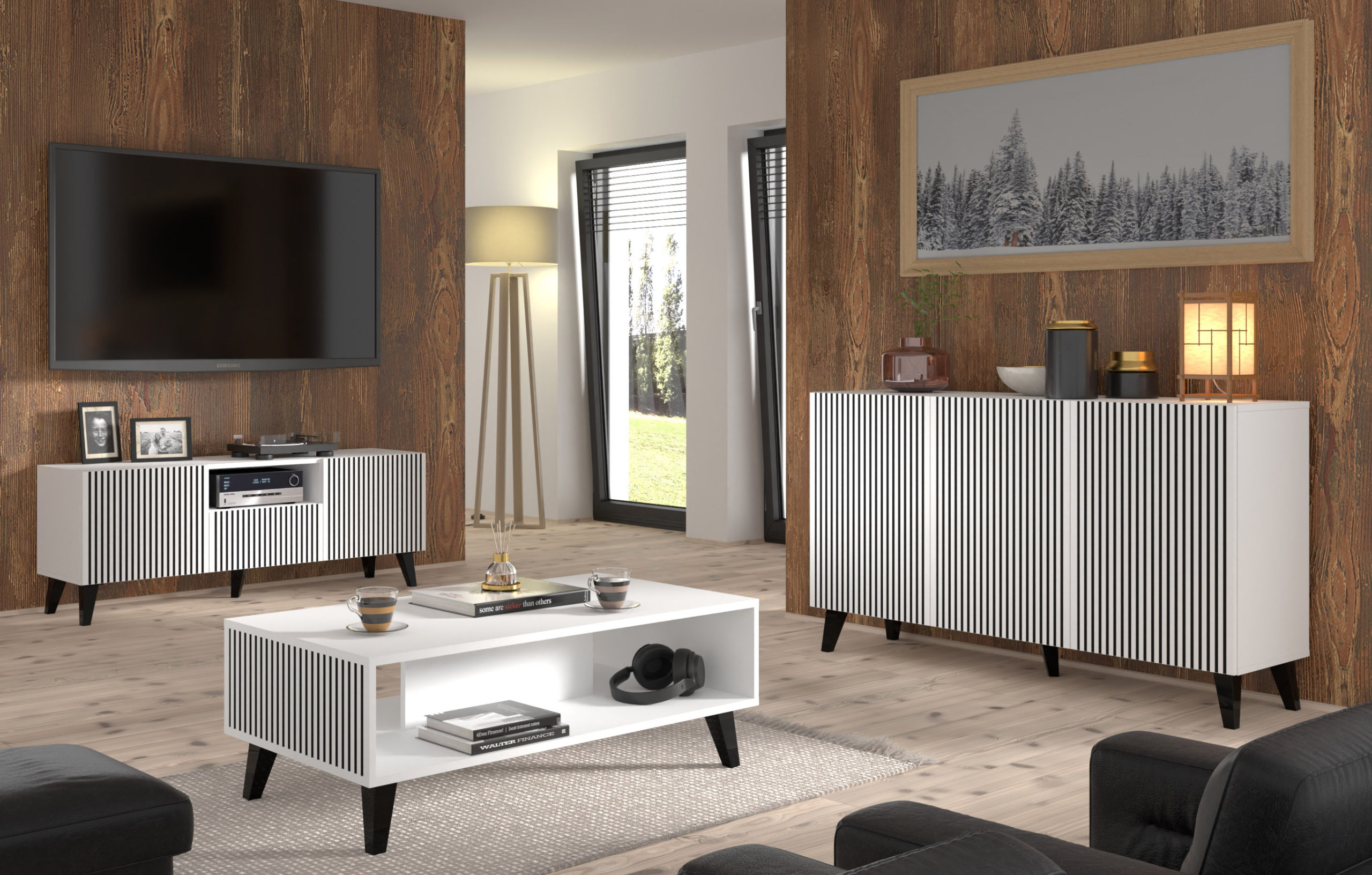 Szafka RTV Ravenna F 150 cm 2D1S biały / czarny szpilki czarne plastikowe - obrazek 6