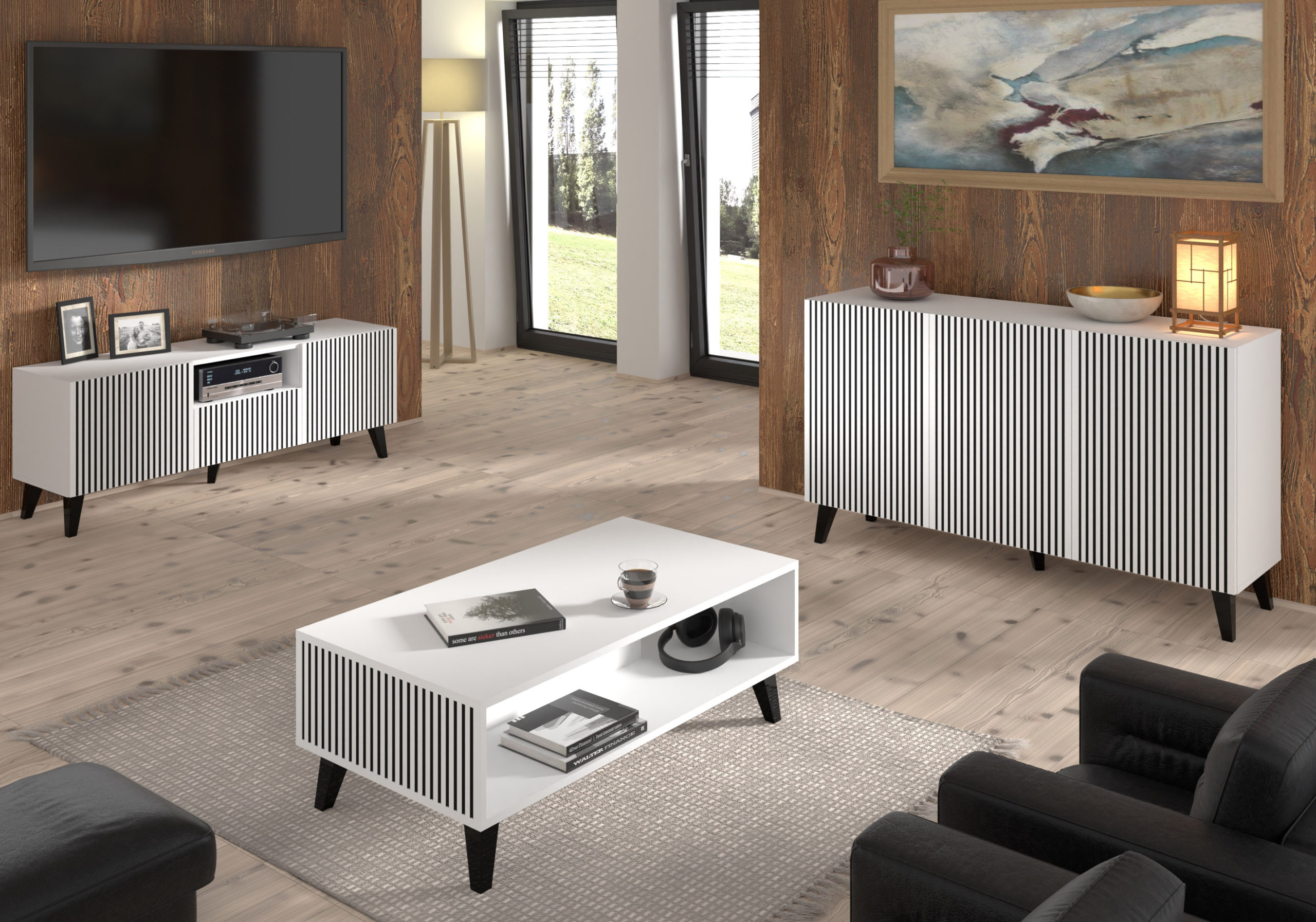 Szafka RTV Ravenna F 150 cm 2D1S biały / czarny szpilki czarne plastikowe - obrazek 5