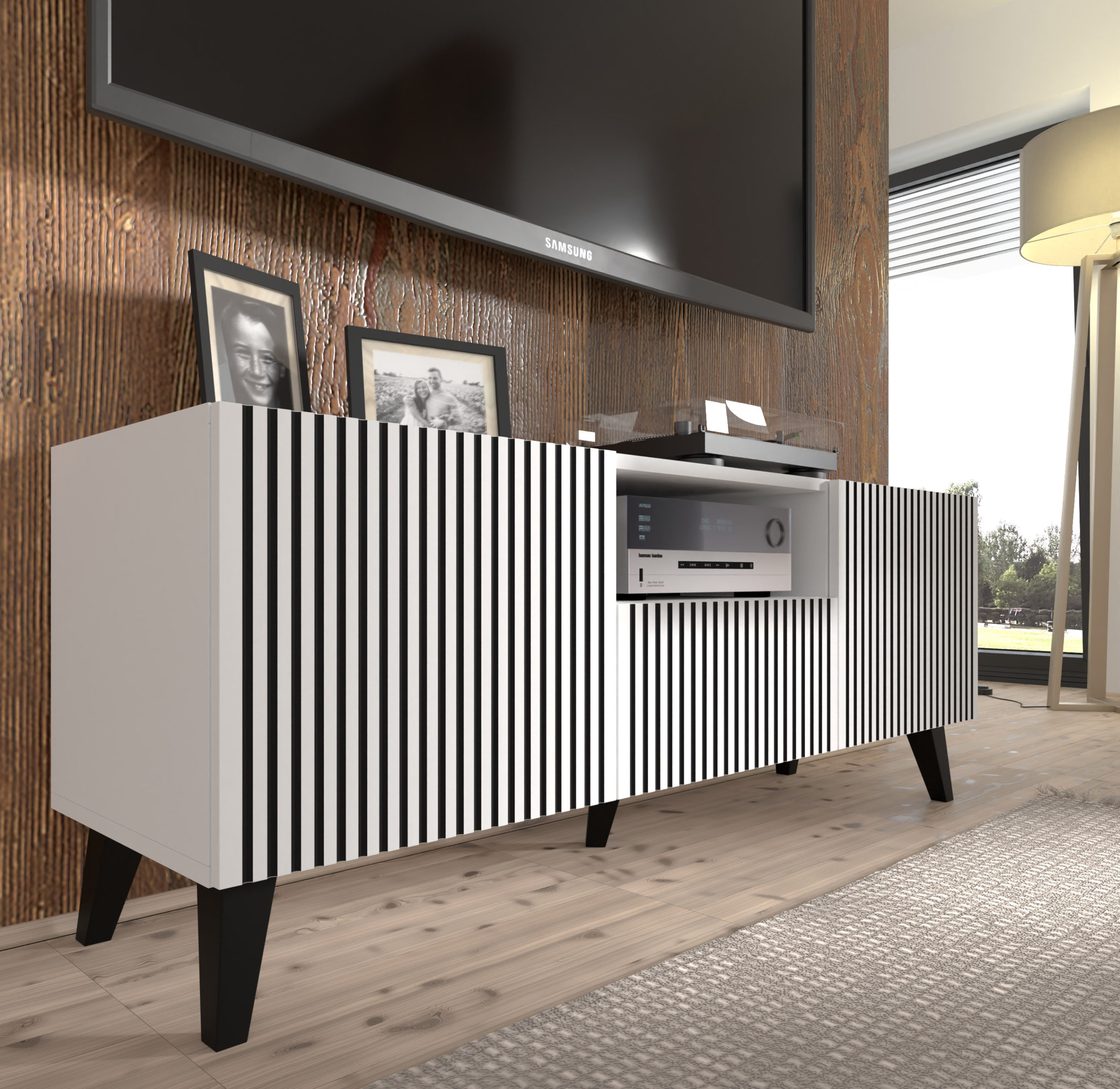 Szafka RTV Ravenna F 150 cm 2D1S biały / czarny szpilki czarne plastikowe - obrazek 2