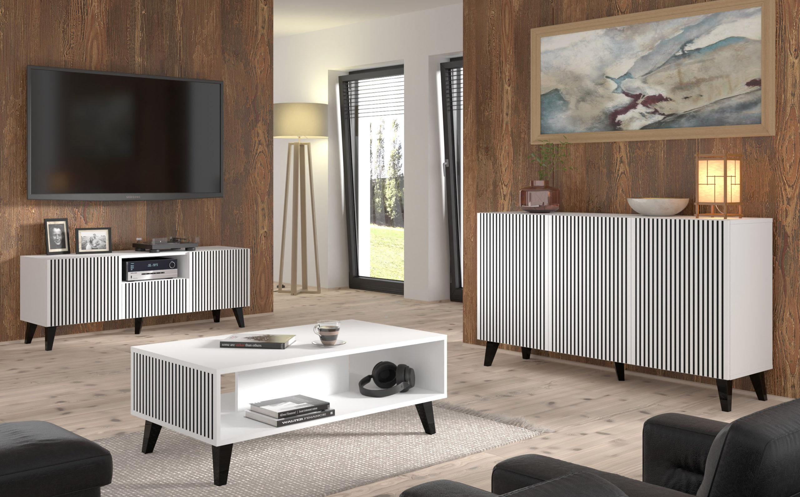 Szafka RTV Ravenna F 150 cm 2D1S biały / czarny szpilki czarne plastikowe - obrazek 3