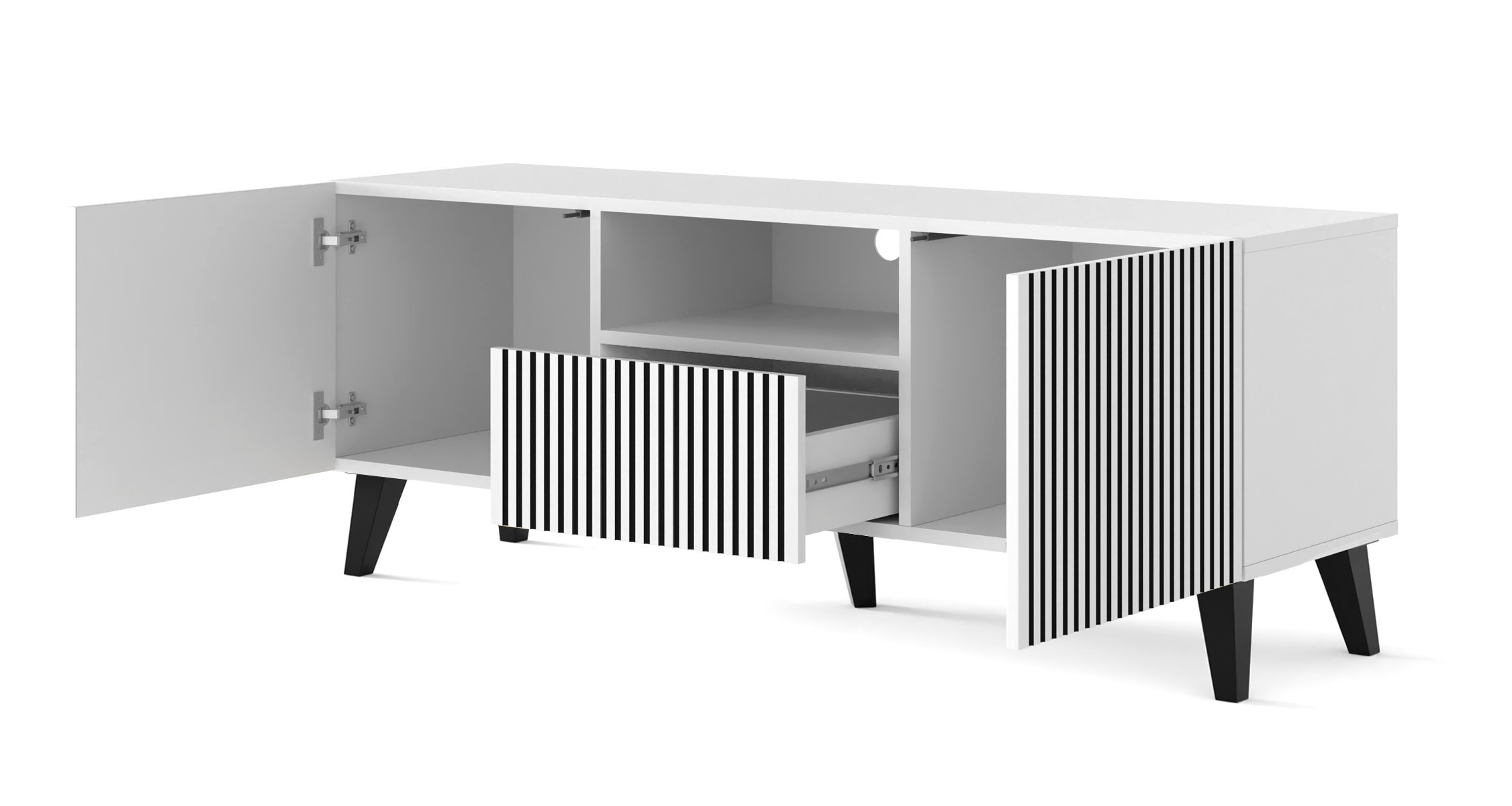 Szafka RTV Ravenna F 150 cm 2D1S biały / czarny szpilki czarne plastikowe - obrazek 7