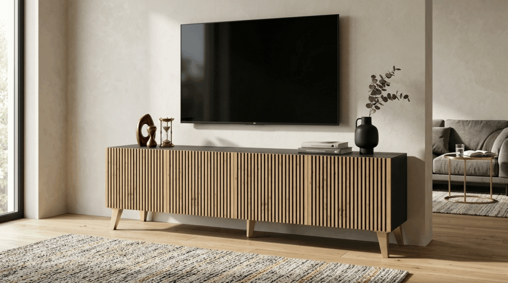 Szafka RTV RAVENNA F 200 cm 4D czarny mat dąb artisan szpilki złote plastikowe