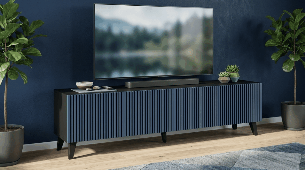Szafka RTV RAVENNA F 200 cm 4D czarny mat granatowy szpilki czarne plastikowe