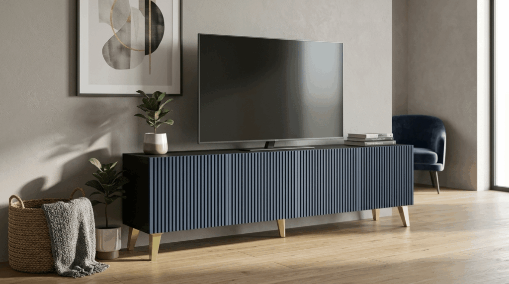 Szafka RTV RAVENNA F 200 cm 4D czarny mat granatowy szpilki złote plastikowe