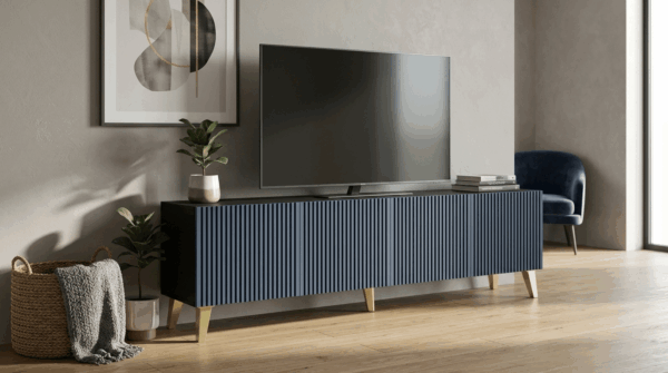 Szafka RTV RAVENNA F 200 cm 4D czarny mat granatowy szpilki złote plastikowe