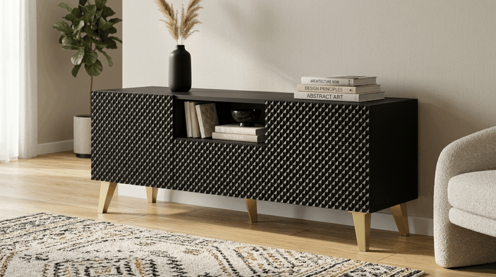 Szafka RTV Ravenna C 150 cm 2D1S czarny połysk nóżki złote
