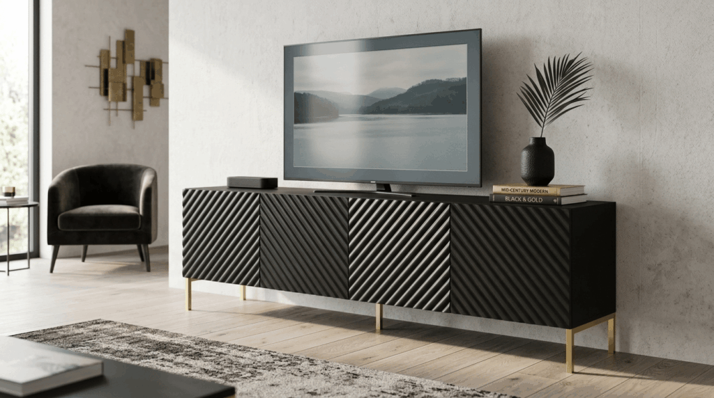 Szafka RTV SURF 200 cm 4D czarny mat połysk złota rama