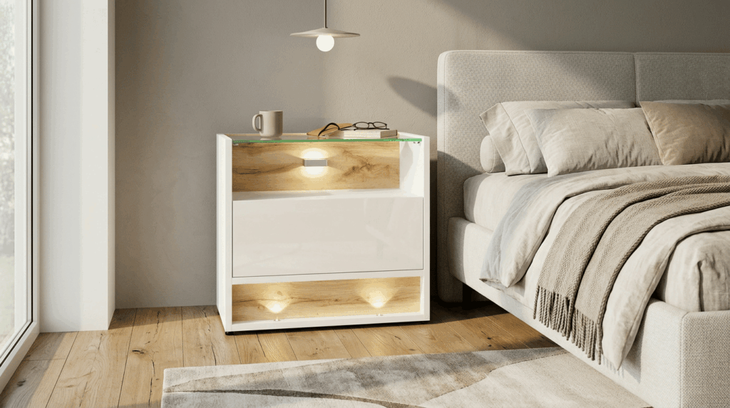 Szafka nocna VISIONARY 55 cm dąb wotan biały połysk