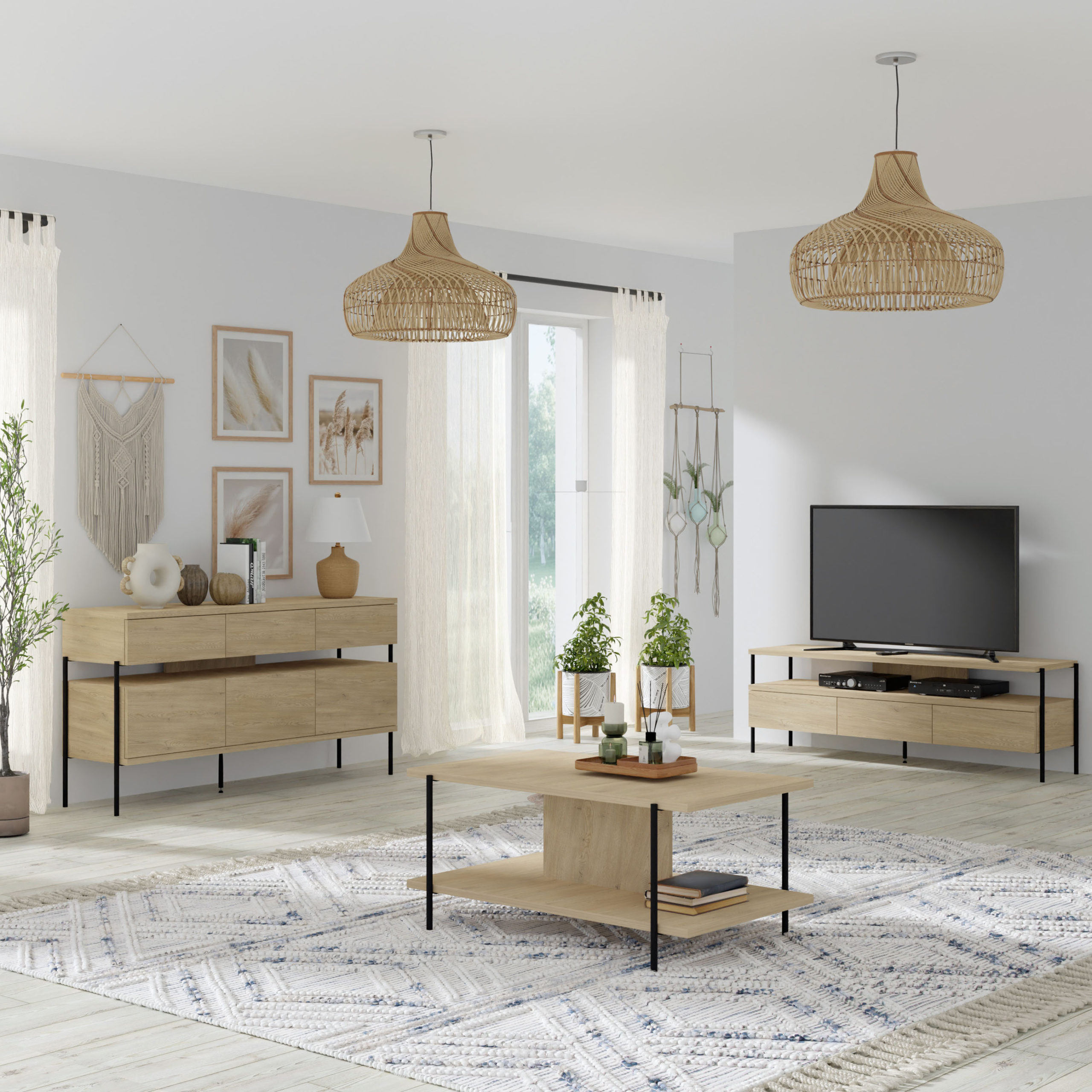 Szafka RTV DRAGONFLY 150 cm 3S dąb cremona / nóżki czarne matalowe szuflady - obrazek 8