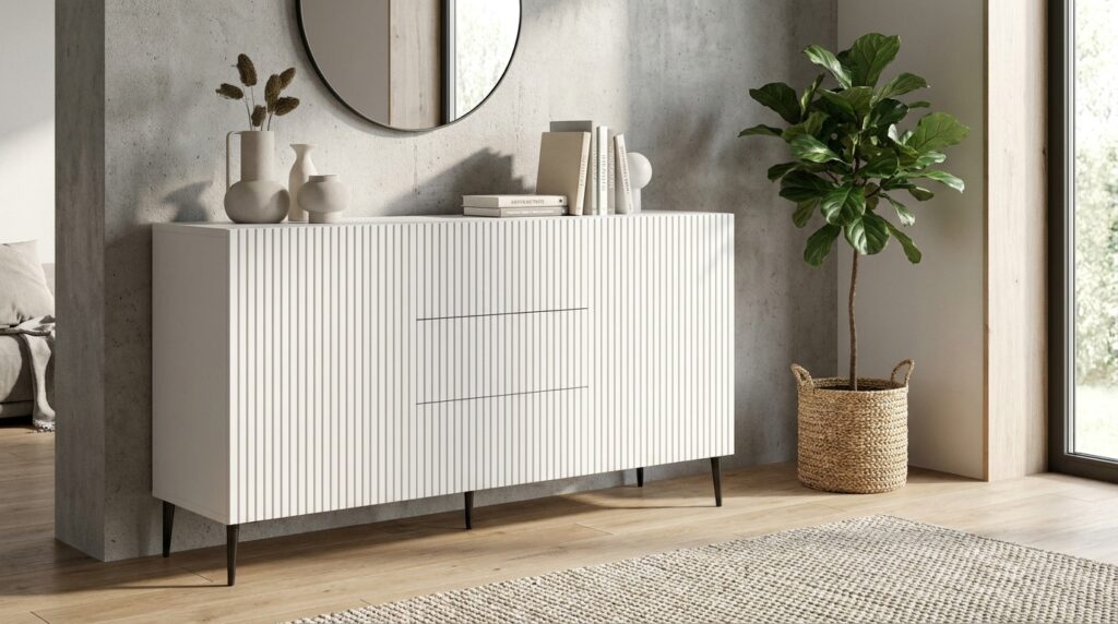 komoda ravenna b 150 cm 2d3s frez bialy mat na czarnych szpilkach generated