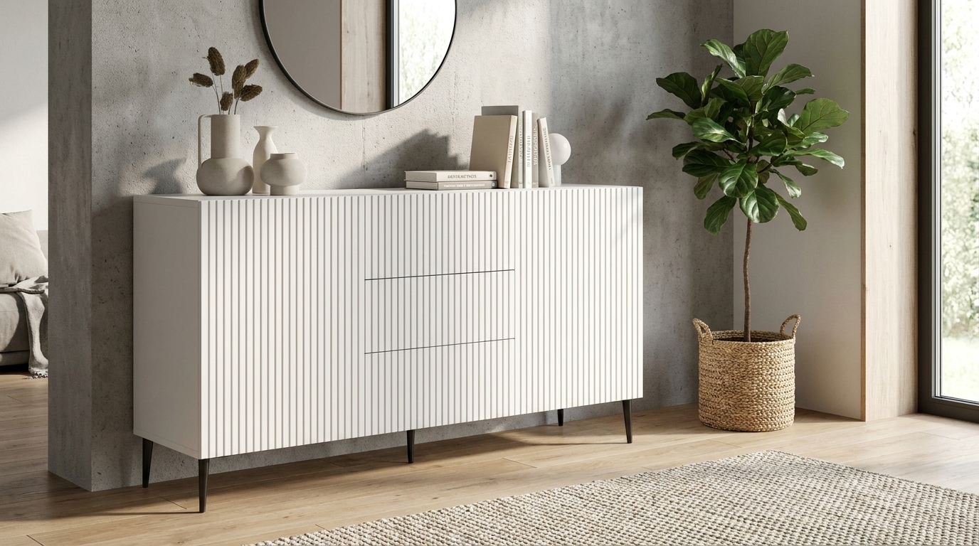 komoda ravenna b 150 cm 2d3s frez bialy mat na czarnych szpilkach generated