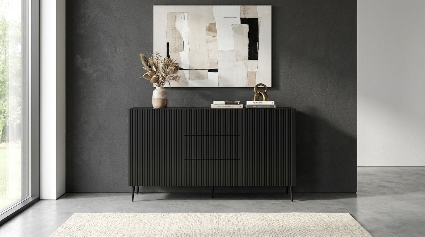 komoda ravenna b 150 cm 2d3s frez czarny mat na czarnych szpilkach