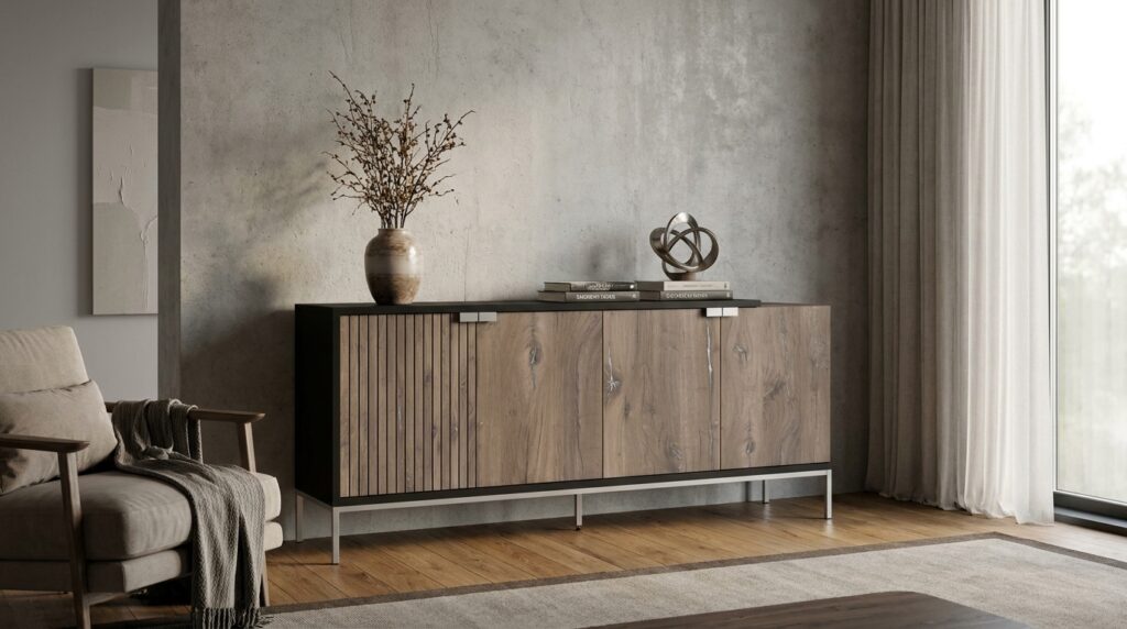 komoda toledo 190 cm 4d dab flagstaff czarny mat srebrna rama generated