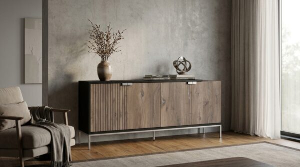 komoda toledo 190 cm 4d dab flagstaff czarny mat srebrna rama generated