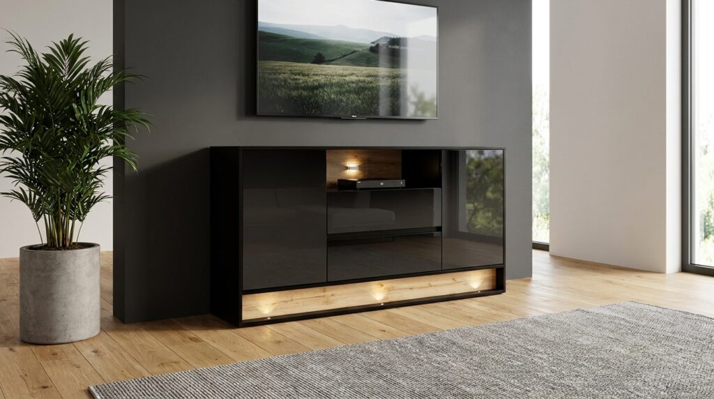 komoda visionary 160 cm czarny polysk dab wotan z oswietleniem led generated