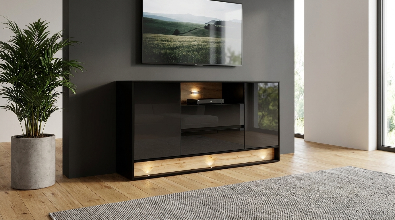 komoda visionary 160 cm czarny polysk dab wotan z oswietleniem led generated