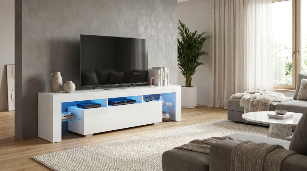 szafka rtv 190 cm bialy mat bialy polysk z oswietleniem led