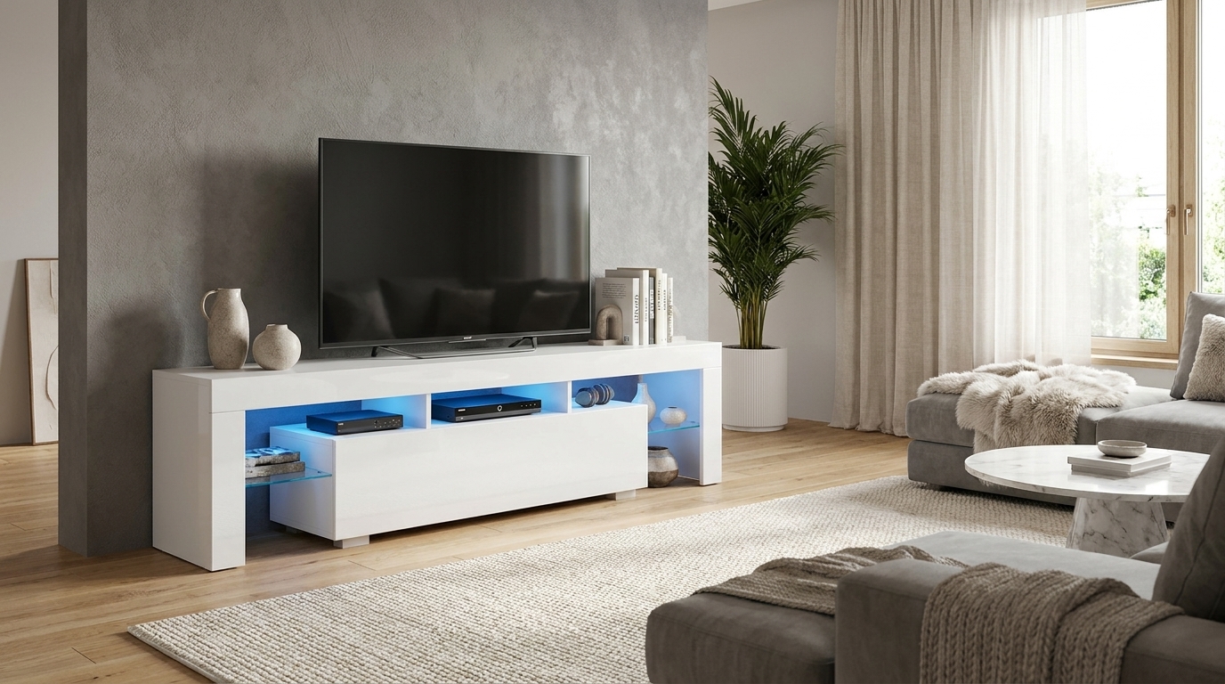 szafka rtv 190 cm bialy mat bialy polysk z oswietleniem led