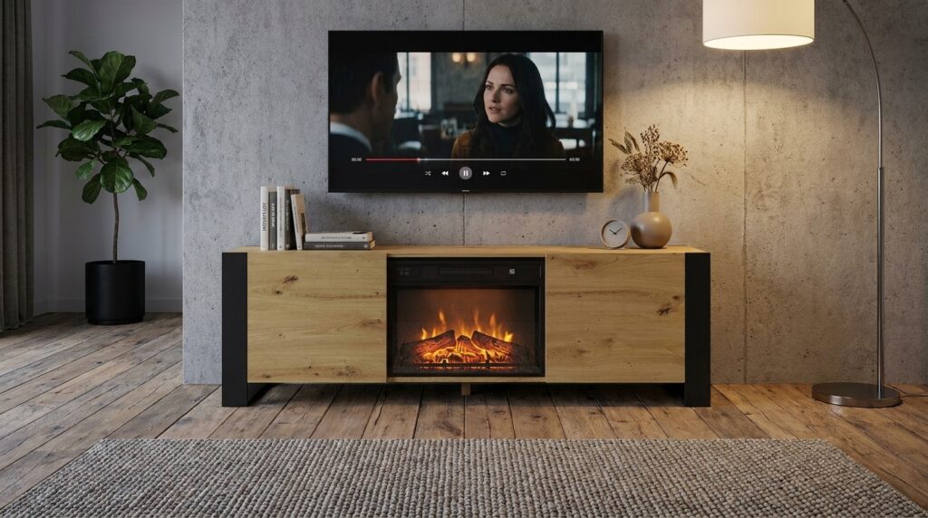 szafka rtv mondi 180 cm z kominkiem elektrycznym dab artisan