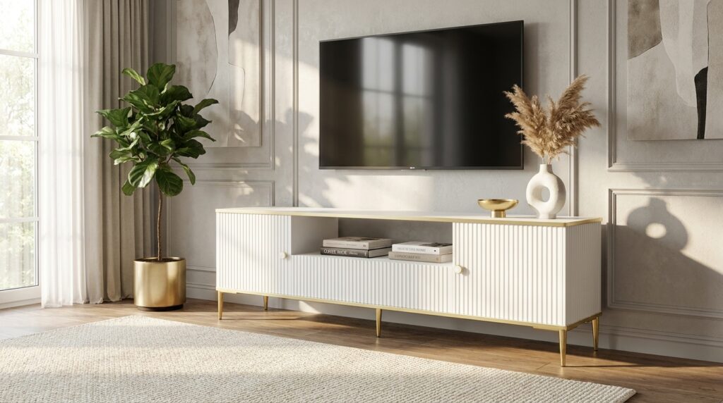 szafka rtv petra 180 cm 2d1s frezowana bialy mat na zlotych nozkach