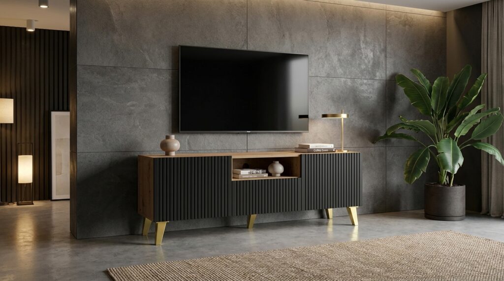 szafka rtv ravenna b 150 cm 2d1s dab artisan czarny nozki zlote generated