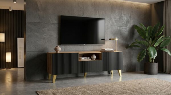 szafka rtv ravenna b 150 cm 2d1s dab artisan czarny nozki zlote generated