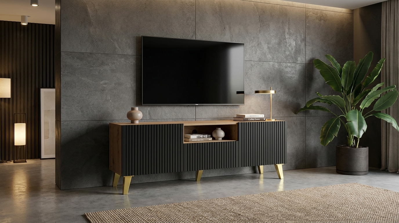 szafka rtv ravenna b 150 cm 2d1s dab artisan czarny nozki zlote generated