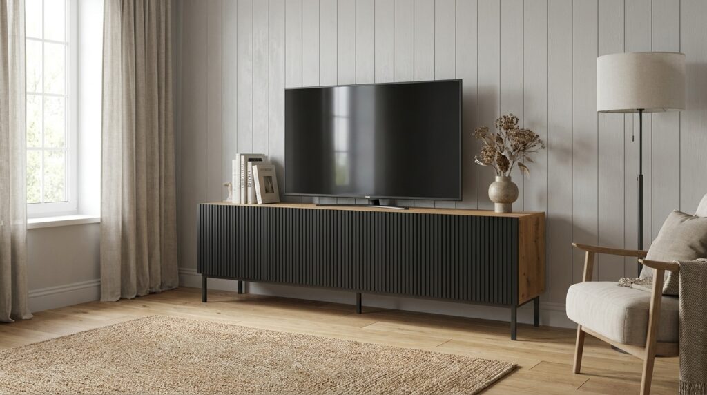 szafka rtv ravenna b 200 cm 4d dab artisan czarny mat rama czarna generated