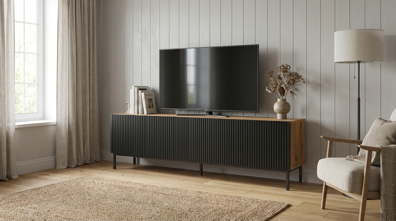 szafka rtv ravenna b 200 cm 4d dab artisan czarny mat rama czarna generated