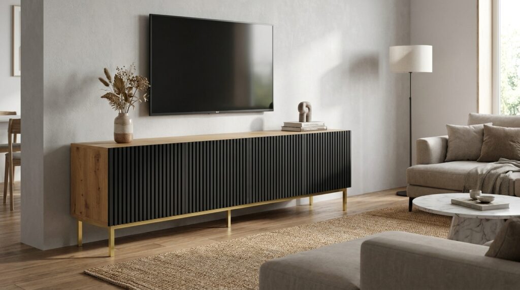 szafka rtv ravenna b 200 cm 4d dab artisan czarny mat rama zlota generated