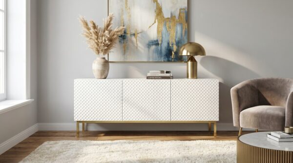 szafka rtv ravenna c 150 cm 3d bialy mat bialy polysk diament rama zlota generated