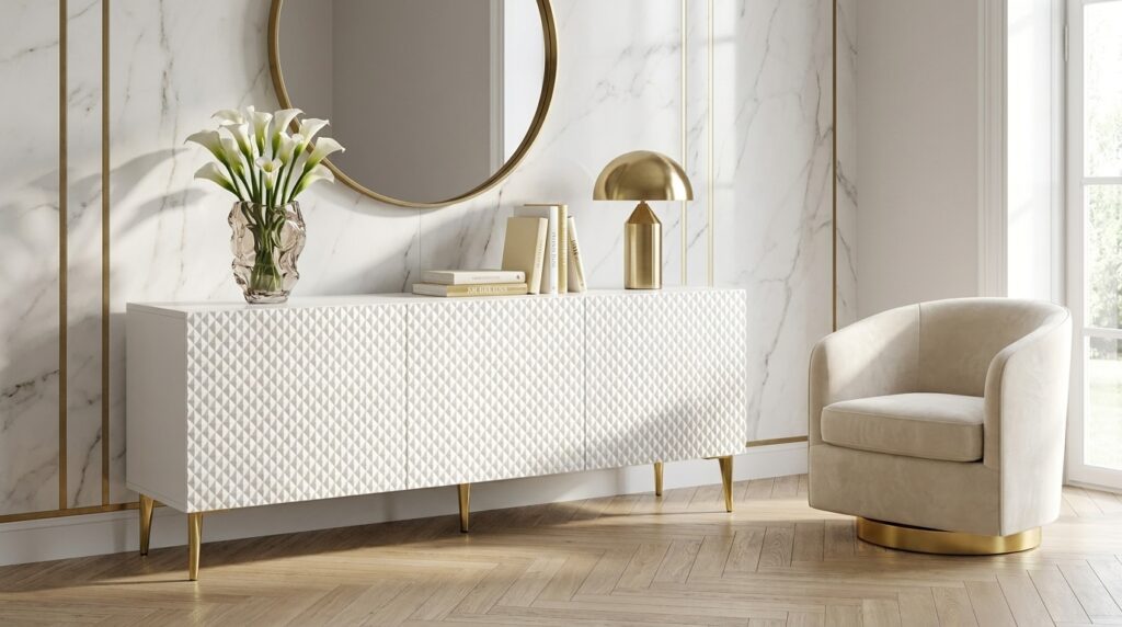 szafka rtv ravenna c 150 cm 3d bialy mat bialy polysk diament szpilki zlote