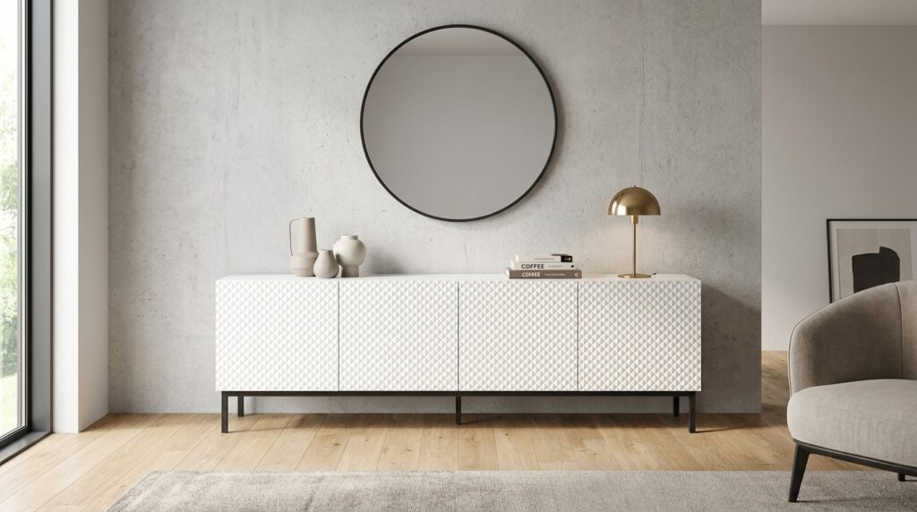 szafka rtv ravenna c 200 cm 4d bialy mat bialy polysk diament rama czarna generated