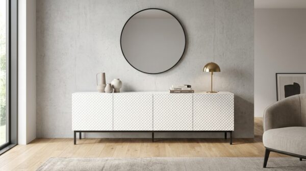 szafka rtv ravenna c 200 cm 4d bialy mat bialy polysk diament rama czarna generated