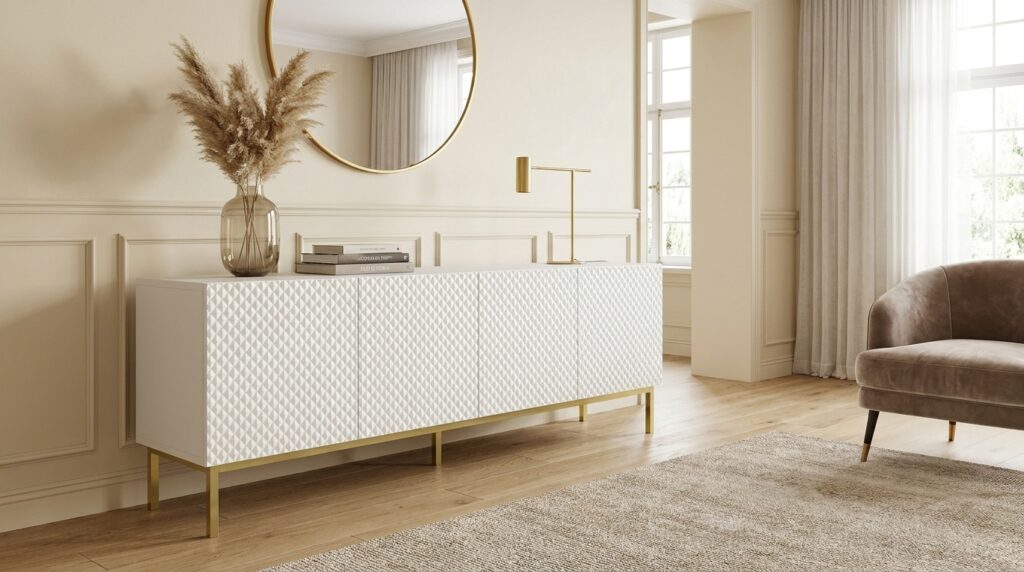 szafka rtv ravenna c 200 cm 4d bialy mat bialy polysk diament rama zlota generated