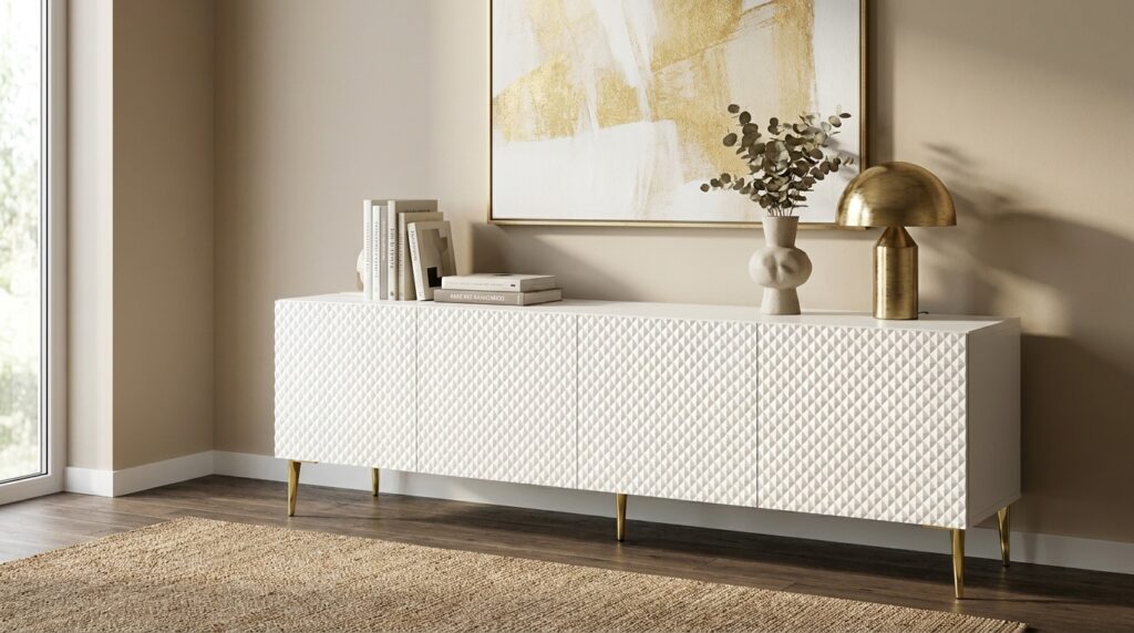 szafka rtv ravenna c 200 cm 4d bialy mat bialy polysk diament szpilki zlote