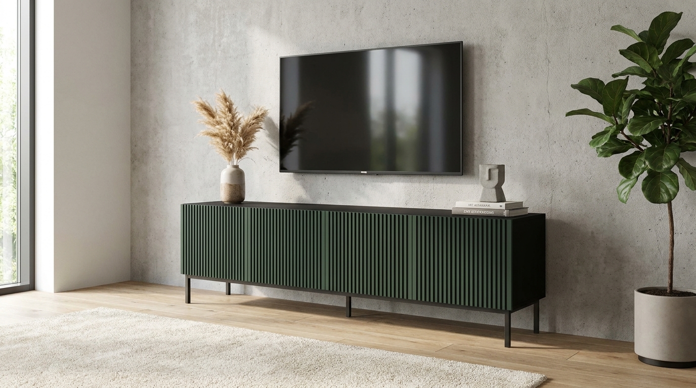 szafka rtv ravenna f 200 cm 4d czarny mat ciemna zielen rama czarna